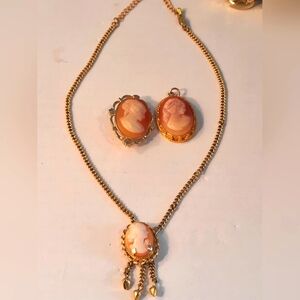 Elegant Gol Tonedcoral  Cameo Jewelry Set